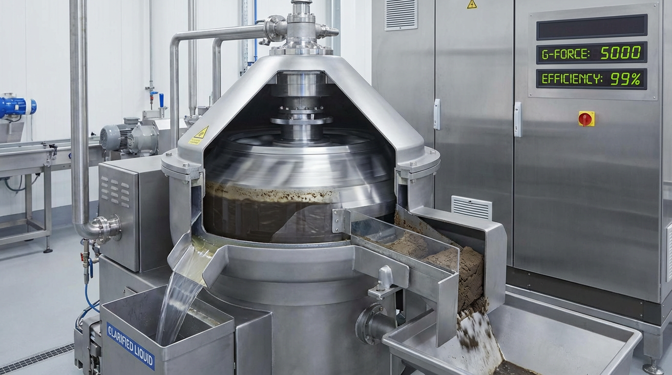 An industrial decanter centrifuge used for solid-liquid separation